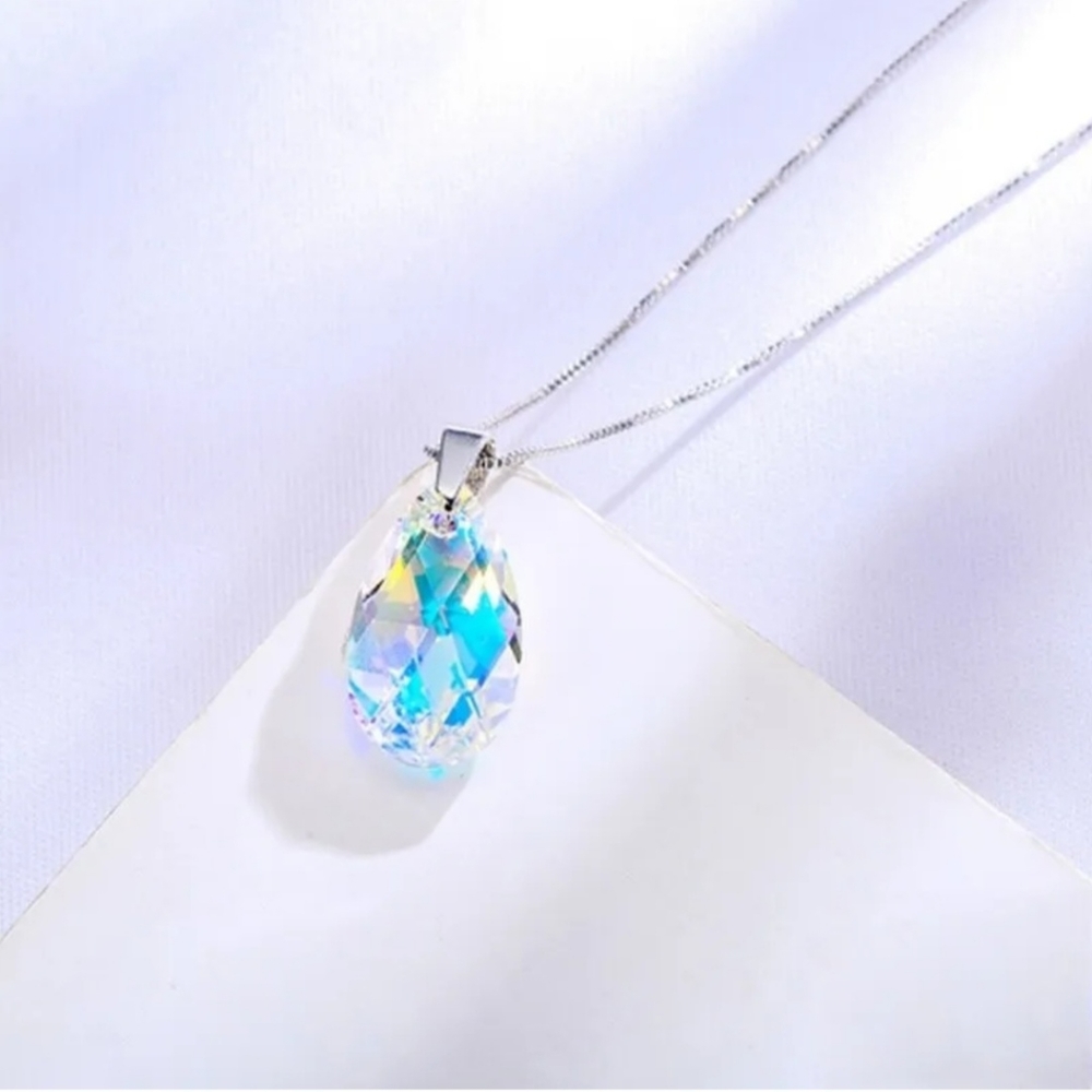 Rainbow Zircon Crystal Silver Pear Teardrop Waterdrop Suncatcher Necklace
